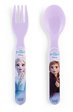 Lulabi Frozen - Juego de cuchara y tenedor para niña - Cubiertos infantiles de polipropileno - Diseño Disney Anna y Elsa - Color lila - Seguro y resistente para comidas y comidas