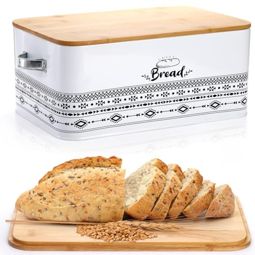 Lyellfe Bread Box, Large White Metal Bread Storage Bin with Handles Cutting Board Lid, Space Saving Bread Storage for Kitchen Countertop, Farmhouse Bread Keeper, Pantry, Freezer, Keep Fresh