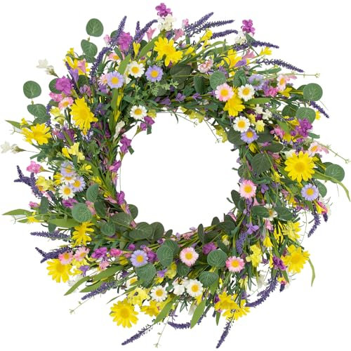 J'FLORU Spring Wreaths for Front Door 22 Inch Artificial Spring Wreath Summer Flower Wreath with Daisy and Lavender for Indoor Outdoor Wall Window and Easter Celebration