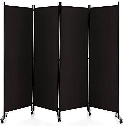 GOPLUS Paravent Pliable à 4 Panneaux, Cloison de Séparation 225x173CM avec roulettes, Cadre en Métal, Idéal pour Salon, Salle à Manger, Bureau (Marron)