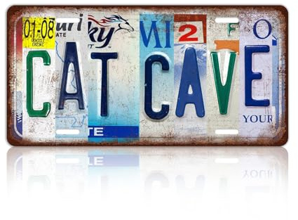 Vintage Cat Cave Metal Tin Sign License Plate Wall Decor 12 x 6 Inches