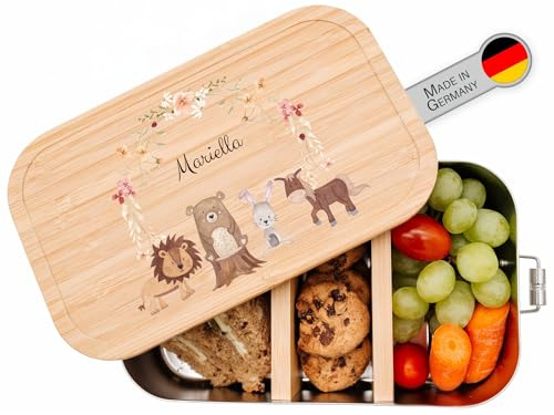 wunderwunsch® - Personalisierte Brotdose für Kinder - Robuste und Individuelle Edelstahl Brotdose mit Namen - Personalisierte Geschenke für Kinder (GROSS Edelstahl,Tiere Blumenkranz)
