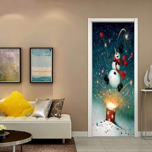 3D Türaufkleber Selbstklebendes Türposter - Schneemann-Feuerwerk Weihnachten 80 X 200 Cm - Fototapete Türfolie Poster Tapete - Pvc Abnehmbar Türposter Türtapete Wandbild Für Wohnzimmer Büro - 0
