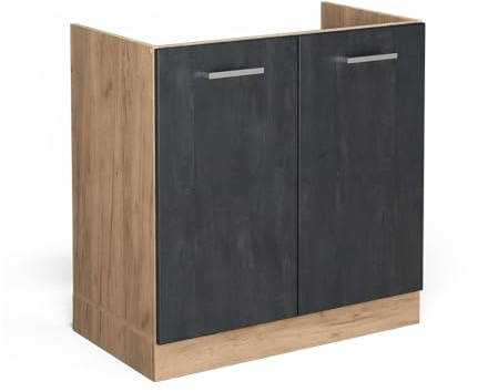 Vicco Spülenunterschrank R-Line, Schwarz Beton, 80 cm | 2 Türen · Ohne Arbeitsplatte · Höhenverstellbare Füße · Großer Innenraum ✓ · ✓ Frei kombinierbar