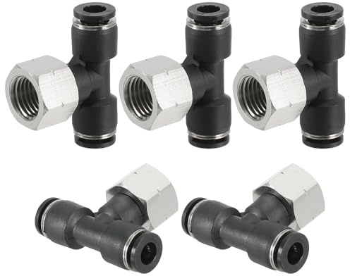 PATIKIL 5 Stück Pneumatik Steckverbinder, 1/4 Rohr-AD x 1/4FNPT | Quick-Push-In-Verbindungs-Kit für Luftschläuche T-Form, Schwarz