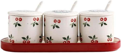 AIXILAN Barattolo for Zucchero in Ceramica, zuccheriera nordica con Coperchio, Set di barattoli portaoggetti con Motivo Ciliegia, zuccheriera in Porcellana Tinta Unita, saliera, Set da 3 Ciliegie