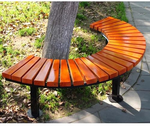 Große, halbrunde Baumbank, Lounge-Sitzgelegenheit aus Massivholz mit Eisenbeinen, rückenfreie Gartenbank für den Außenbereich für Park/Hof/Veranda