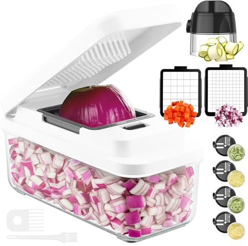 6 in 1 Kitchen Mandoline Food Chopper Kitchen Helper Set: 2-in-1 Vegetable Cutter Salad Cutter & 4-in-1 Spiralizer, with 2 Cleaning Brushes, for Healthy Veggie Noodles, Salad, Cucumber, Onion