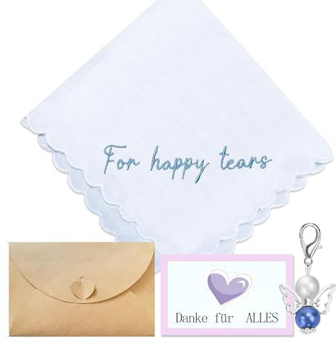 MKISHINE Besticktes Hochzeitstaschentuch 'For Happy Tears', Weißes Baumwolltaschentuch mit Schutzengel-Anhänger, Brautgeschenk Set Brautdusche Taschentücher Stickerei-Taschentuch für Braut Bräutigam