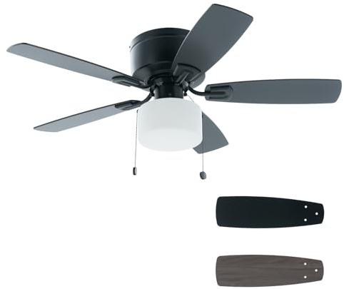 FANSHAIN 42 Pull Chain Ceiling Fan: Traditional Flush Mount Ceiling Fan with Light - LED Bulb - Dual Finish Blades - Reversible Function for Bedroom - Black