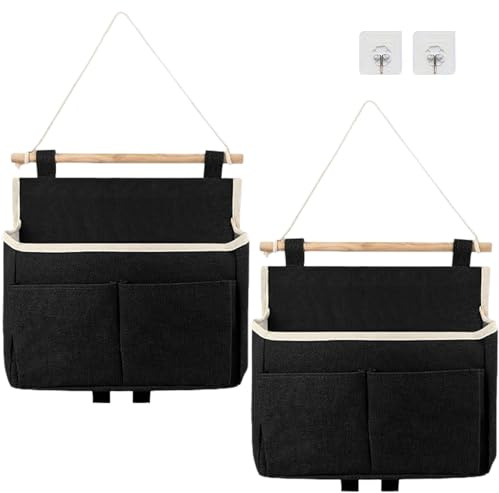 Jonlitze 2 Stück Hängeorganizer, Hängeaufbewahrung 3 Fächer, Hohe Kapazität Hängeaufbewahrung mit 2 Haken,Faltbares Leinen Wand Organizer Hängend für Zuhause, Büro, Schlafsaal, Bad 25 x 27 cm Schwarz