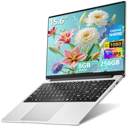 PC Portatile 15,6 Pollici, Notebook Celeron N4000, Computer Portatile 8GB LPDDR4 RAM 256GB SSD, Laptop Schermo IPS FHD 1920*1080, apertura e chiusura a 180 gradi, WiFi5, Mini HDMI,BT4.2,USB3.0,Webcam