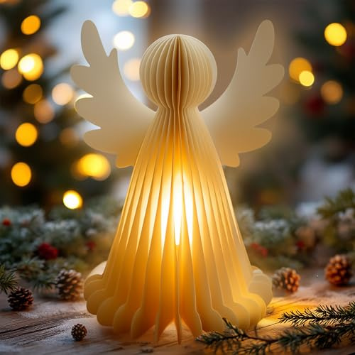 Spetebo Carta LED Angelo bianco caldo illuminato con timer – 28 cm – Figura decorativa angelo di Natale pieghevole con illuminazione alimentato a batteria – Decorazione natalizia da tavolo con luce