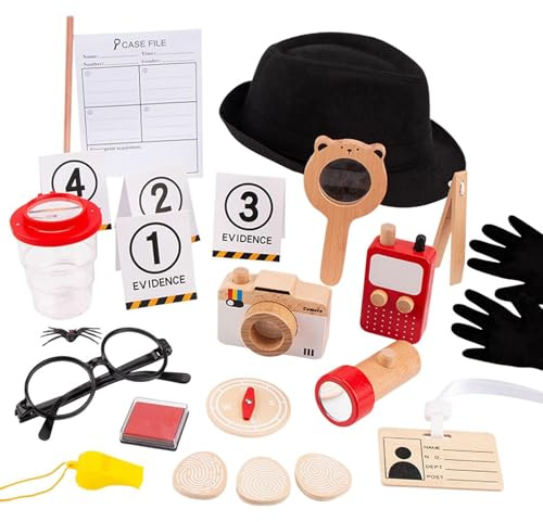 wisoolkic Costume da detective Costume da detective per bambini Vestirsi Esplorazione di finzione con accessori in legno per giochi di ruolo Campeggio Escursionismo Attività all'aperto Abiti Top