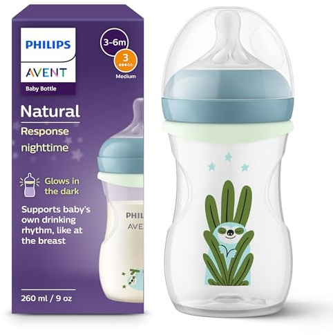 Philips Avent Natural Response Babyflasche für die Nacht – 260 ml, mit mittlerer Durchflussrate (Mittel 3), separater im Dunklen leuchtender Ring, Motiv müdes Faultier, SCY903/81