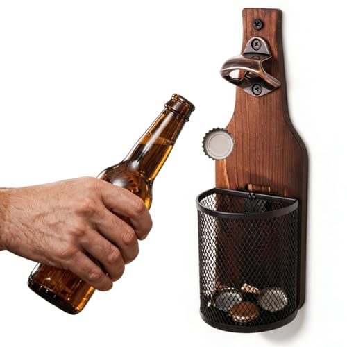 Väggmonterad vintageflasköppnare i trä, ölöppnare vägg med kronkorksamlare, väggflasköppnare med uppsamlare, ölgåvor för män och ölälskare, för bar, kök, terrass