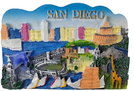 Kühlschrankmagnet USA San Diego - Skyline, Zoo mit Giraffe und Delphin - 3D-Magnet Souvenir - Magnetische Dekoration zum Sammeln - Geschenkidee Reise Kollektion L70
