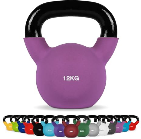 MSPORTS Kettlebell professionell neopren 2 – 30 kg inklusive plansch med kettlebell-övningar 12 kg – lila