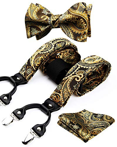 HISDERN Gold Hosenträger für Herren Paisley Y Form mit 6 starken Clips Längenverstellbar Herren Hosenträger und Fliege mit Einsteckuch