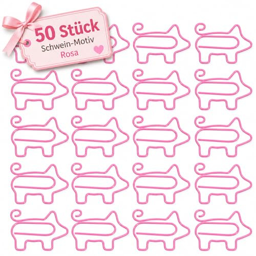 NUOBESTY 50 Stück Büroklammern Schwein-Motiv, Rosa Paper Clips mit Kunststoffbeschichtung, Niedliche Motivklammern für Büro Schule Planner, Dokumente, Notizen, Journal & Lesezeichen