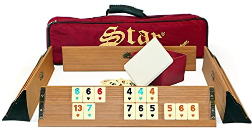 Semus Premium Okey/Rummy Spielset – Massives Holz, Melamin Spielsteine, Gepolsterte Tragetasche Kugelschreiber, 104 Steine + 2 Joker + Würfel (Hell)