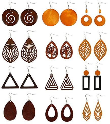 XiYee 12 Paare Holz Ohrringe für Damen - Ethnische Afrikanische Hänger Baumelnde Ohrringe Mit 316L Edelstahl Haken - Böhmen Vintage Schmuck