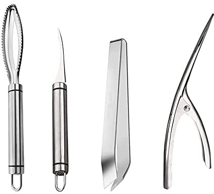 LONGHAO 4 pcs Pinza de Pescado Pinzas de Hueso Escamas de Pescado Raspador Herramientas para Pelar Camarones Cepillo De Escamas De Pescado Antideslizante,Cuchillo De Concha De CamaróN,para Pescado