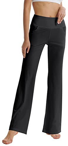 LaiEr, Pantaloni da yoga svasati, con tasche laterali, a vita alta, da donna, Nero , S