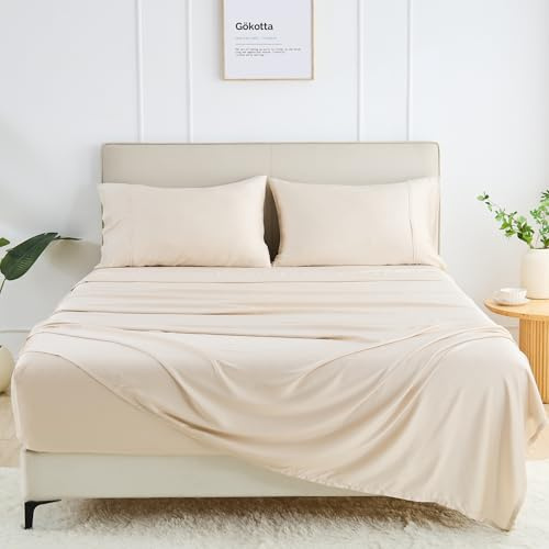 GOKOTTA King Size Bed Sheets 4 Piece Set, Super Soft Bamboo Sheets, Cooling for Hot Sleepers - Hotel Luxury Silk Breathable Sheets, Deep Pocket Up to 16 - Durable Double Stitched (Light Beige)