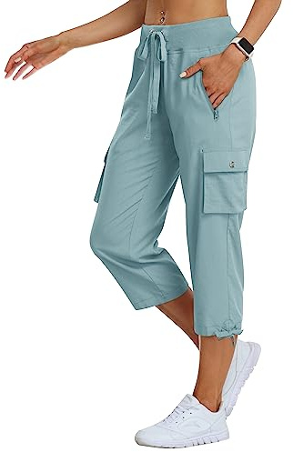 MoFiz Womes Capris Summer Cargo Hiking Pants Lightweight Quick Dry Running Athletic Shorts Casual Outdoor Zipper Pockets Dusty Blue L