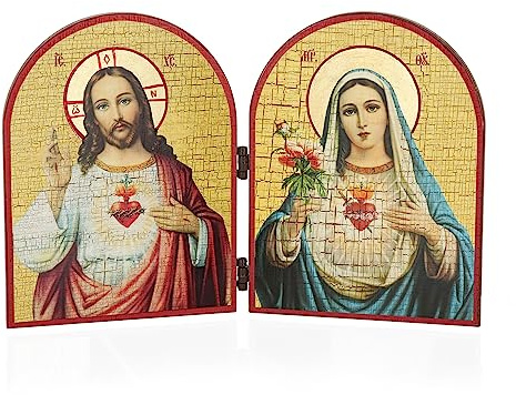 NKlaus Icona Sacri Cuori di Gesù e Maria Dittico in legno 23,5x16cm Cristiano 13908