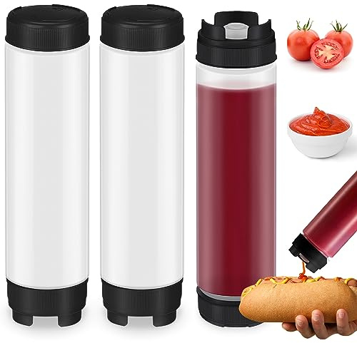 Sabary 3 Pcs 16 oz Inverted Plastic Squeeze Bottles, Refillable Tip Large Valve Dispenser Condiment Squeeze Bottle for Sauces Ketchup Sour Cream Self Sealing Syrup Dispenser for Restaurants (Black)