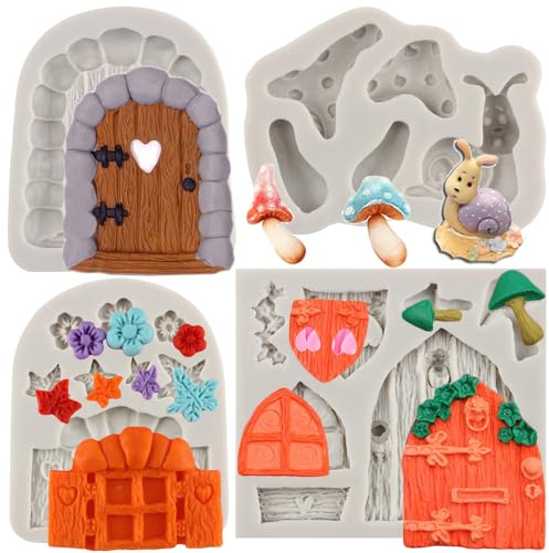 MYPRACS Enchanted Vintage Fairy Garden Fairy Gnome Home Door Window Silicone Moulds Snail Mushroom Fondant Mould for Cake Decorating Cupcake Topper Candy Chocolate Polymer Clay Gum Paste Set of 4