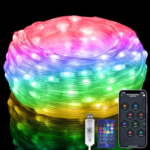 Electight RGBIC Smarta Ljusslingor 5M [APP & Fjärrkontroll], 50 LED Flerfärgade Ljusslingor, USB-Driven & IP65 Vattentät, 99+ Scenlägen, Musik/Röstsynkronisering, Ljusslingor för Jul, Bröllop, Fest
