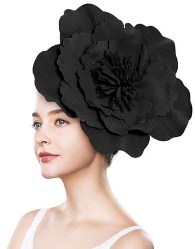 Fascinator mit Blume, große Blumenhüte für Damen, Blumen-Fascinator Schwarz für Damen, großes Blumen-Stirnband, Kostüm, Kopfbedeckung, Stirnband, große Blumen-Haarbänder (Schwarz)