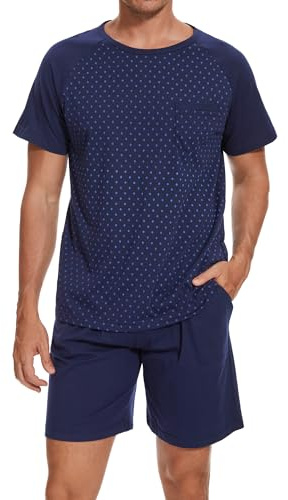 Winovia Herren Schlafanzug Kurz Baumwolle Rundhalsausschnitt Pyjamaset Nightwear Set Sommer Shorty Nachtwäsche Dunkelblau L