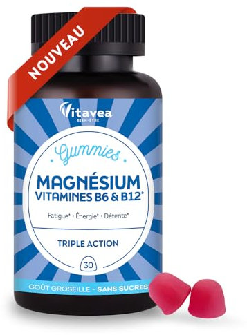 VITAVEA BIEN-ETRE - Gummies Magnésium Vitamines B6 & B12- Triple action : anti-fatigue, détente et énergie - Magnésium, Vitamine B6 et Vitamine B12-30 Gummies - Goût Groseille - Sans sucres
