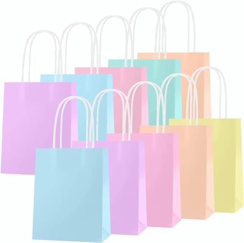 OWill 10 Pack of Colourful Paper Gift Bags with Handle, Gift Bags Children's Birthday Party Bags Made of Kraft Paper for Children's Birthday Weddings 16×8×22 cm (10 PCS Macarons)