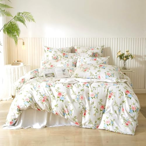 Luofanfei Blumen Bettwäsche 135x200 Weiß Grün Blau Rosa Blumenmuster Pflanzen Sommer Wende Bettwäsche Set Floral Bunt Microfaser Bettbezug Einzelbett und Kissenbezug 80x80 cm mit Reißverschluss