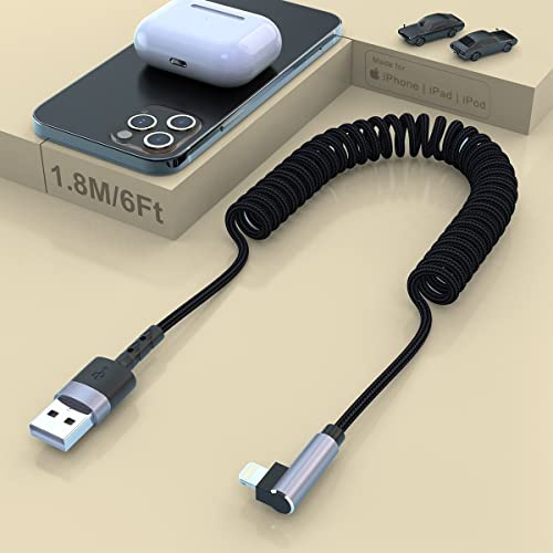 Coiled Lightning Cable, 90 Degree Nylon Braided Fast Charging Cable [Apple MFi Certified & CarPlay Compatible] 6FT Cord Data Transmission Compatible with iPhone 14/14 pro/ 14 pro max/12/11/11Pro/11Ma