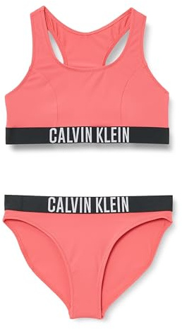 Calvin Klein Bikini Tipo Bralette de Dos Piezas Chicas con Logotipo en la Cintura, Rojo (Deep Crimson Fruit), 8-10 Años