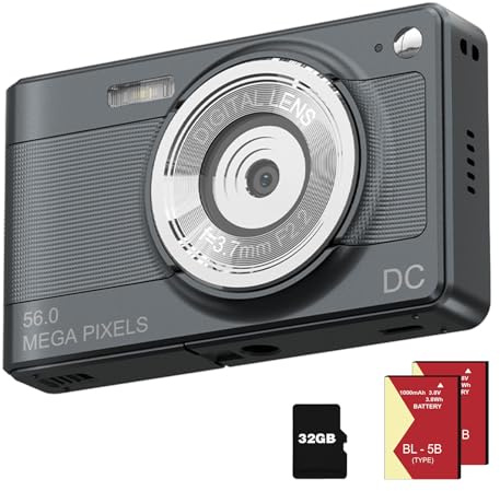Digitalkamera 1080P FHD Kompaktkamera 56MP Kamera Einfache Vlogging-Kamera mit 32G TF-Karte 2 Batterien Tragbare Digitalkamera für Kinder Teenager Studenten Senioren Anfänger (Schwarz)