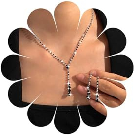 Inateannal Collana e Orecchini da Sposa in Cristallo con Strass Nero Set di Gioielli per Sposa Boho/Vintage
