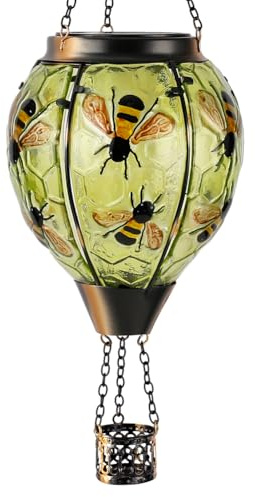 Starsoul Hot Air Balloon Solar Lantern Bee Glass Hanging Outdoor Hot Air Balloon Solar Flickering Flame Light Waterproof Garden Patio Yard Party Decorations