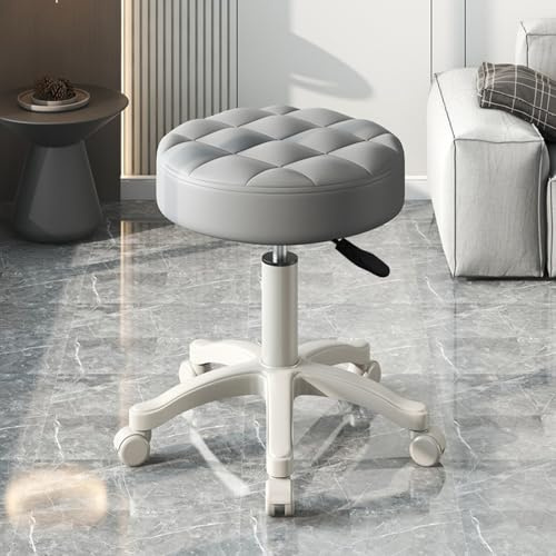 tinysiry Rolling Stool with Wheels,Height Adjustable Swivel Drafting Work SPA Shop Salon Stools,Faux Leather Soft Cushion Round Rolling Stool Chair Office Chairs Bar Cafe Home Chair Grey