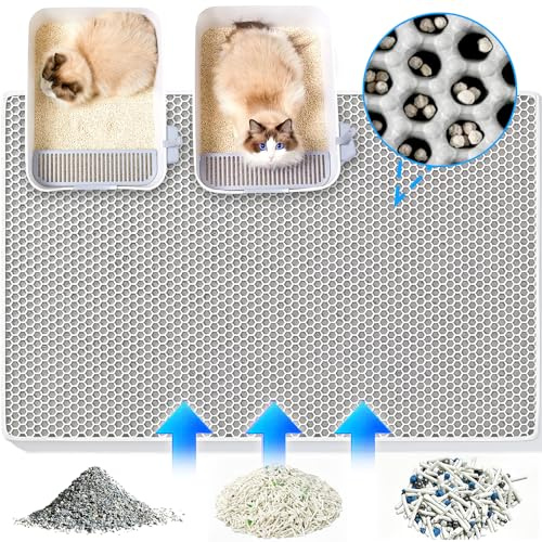 Tapis Litiere Chat xxl 90X60 CM Double Couche Conception en nid d'abeille, Tapis de Litière pour Chat Non Toxique EVA, Tapis Chat Litiere Antidérapante, Lmperméable Facile à Nettoyer Gris