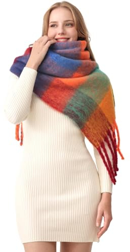 HOTIAN Damen Schal Winter Warm Schal Bunte Thick Wrap Schals Oversized Kariert Herbstschal Weicher Warmer Deckenschal