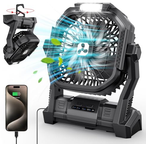 PDBEST Batteriebetriebener Ventilator 20000mAh Kabellos, Wiederaufladbarer Tragbarer Ventilator mit LED-Laterne, Tischventilator, USB-C-Akku Campingventilator für Reisen, Strand, Schwarz Black