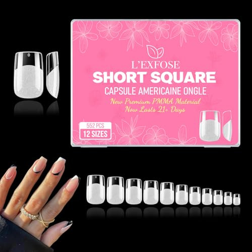 L'Exfose 552 pcs Capsule Americaine Ongle Court Carré - 12 Tailles Faux Ongles Carre - Hypoallergenique PMMA Capsules Ongles Pose for DIY Nail Art & Salons - Semi Transparent Acrylique Ongle Capsule