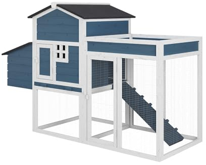 Vente-unique-Hühnerstall aus Holz mit Freilaufgehege & Garten - für 4 Hühner - 168 x 64 x 109 cm - Blau & Weiß - CAMPORA